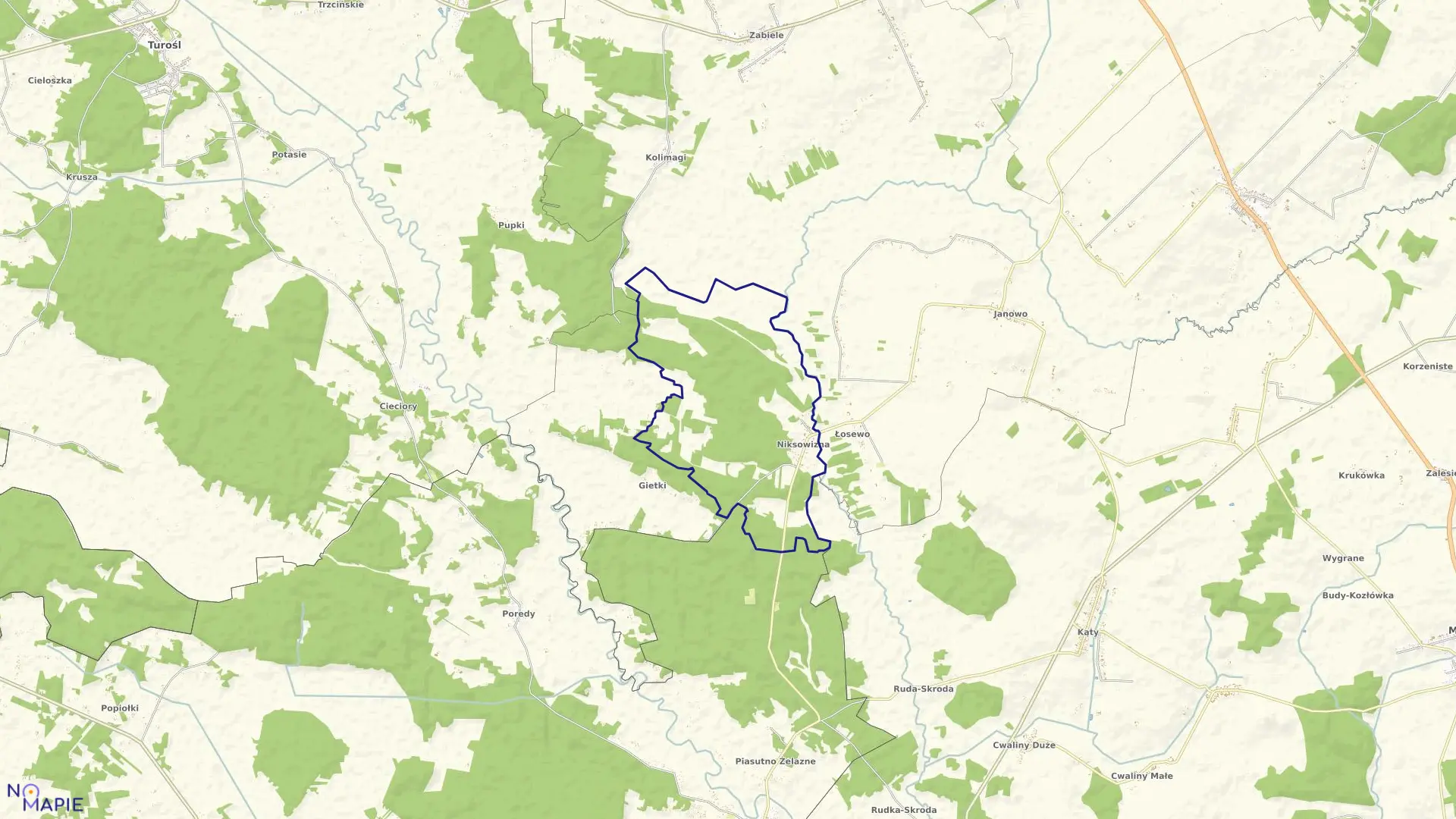 Mapa obrębu Niksowizna w gminie Kolno